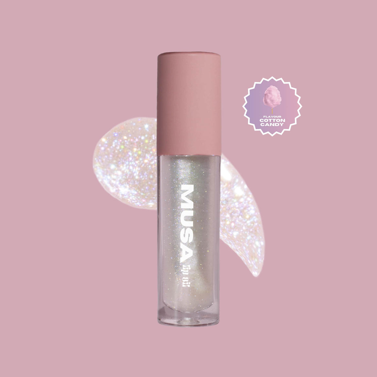A clear glitter lip oil, with holographic glitter and cotton candy scent.#color_cotton-candy