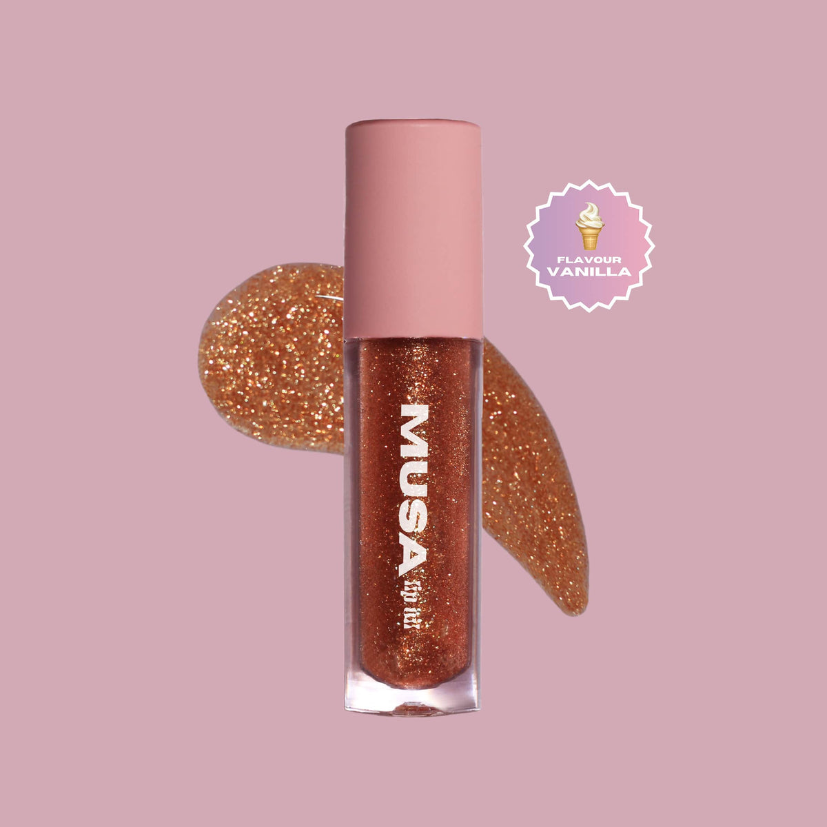 A gold glitter lip oil, with gold glitter and vanilla scent.#color_muse