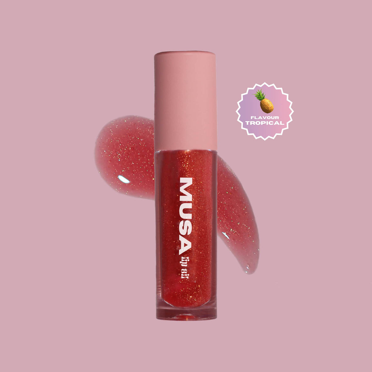 A red glitter lip oil, with gold glitter and tropical scent.#color_aphrodite