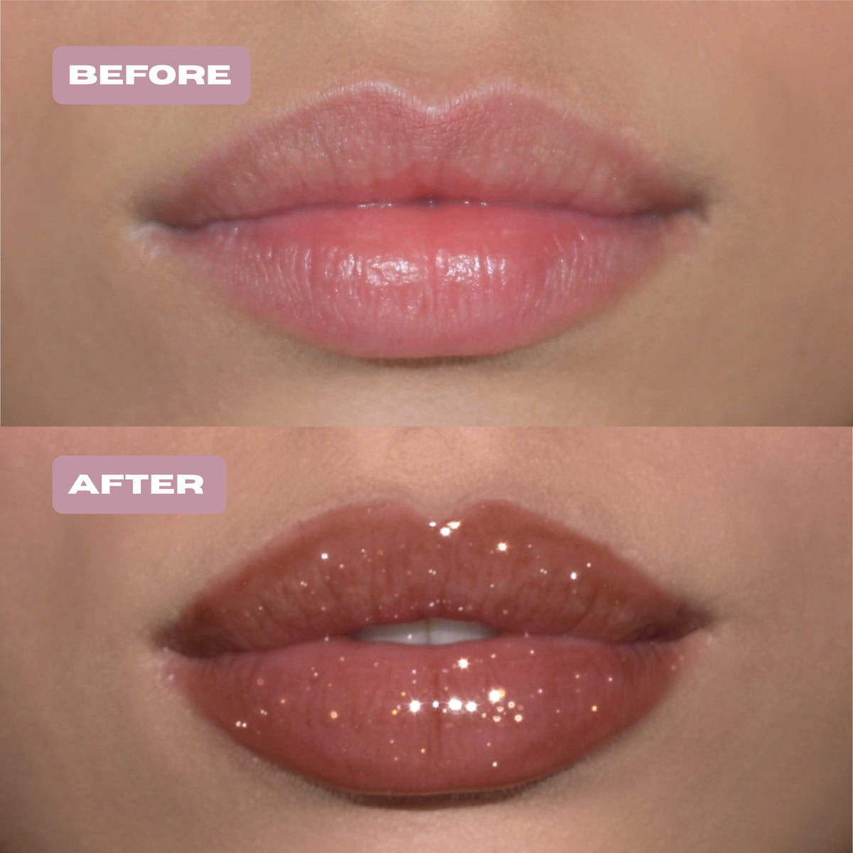 Before and After brown glitter lip oil with gold glitter on lips.#color_chocolate