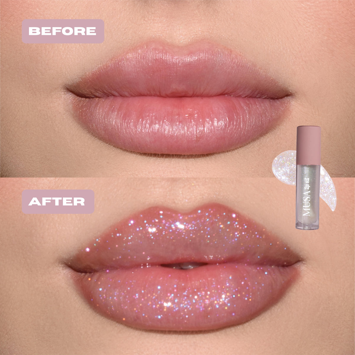 Before and After clear glitter lip oil with holographic glitter on lips.