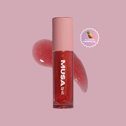 A red glitter lip oil, with gold glitter and tropical scent.
