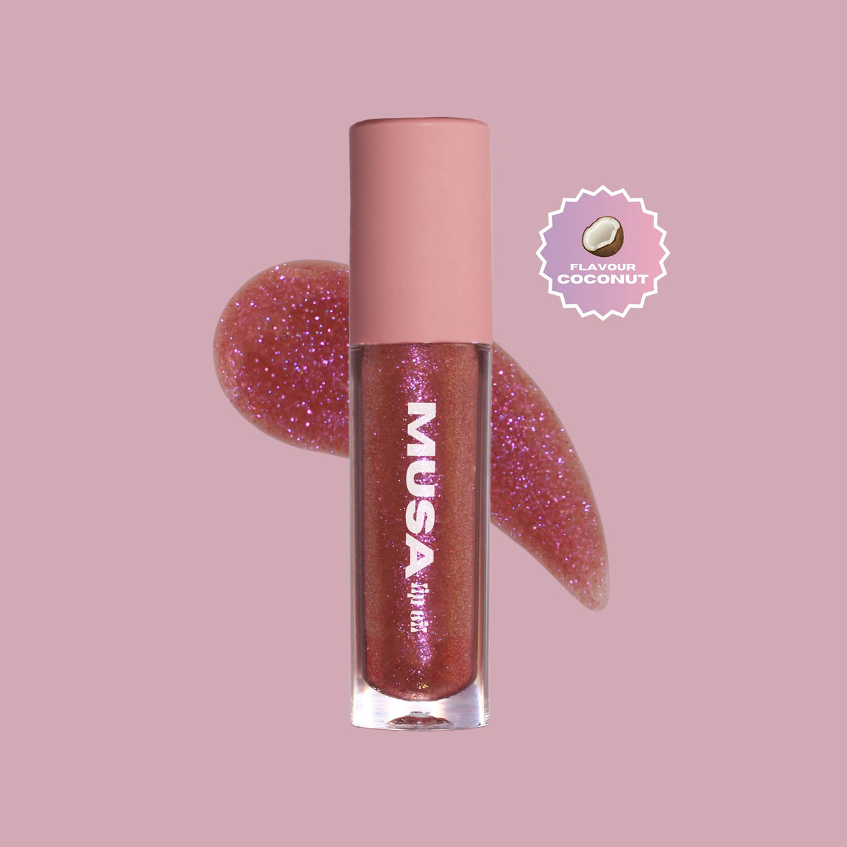 A pink glitter lip oil, with purple glitter and coconut scent.#color_siren