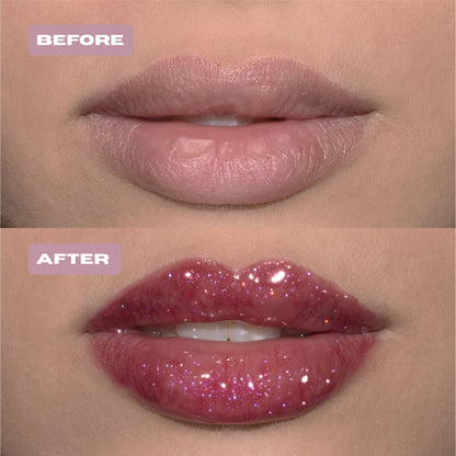 Before and After dark pink glitter lip oil with purple glitter on lips.