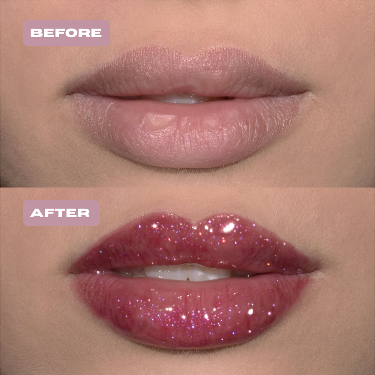 Before and After dark pink glitter lip oil with purple glitter on lips.#color_red-velvet