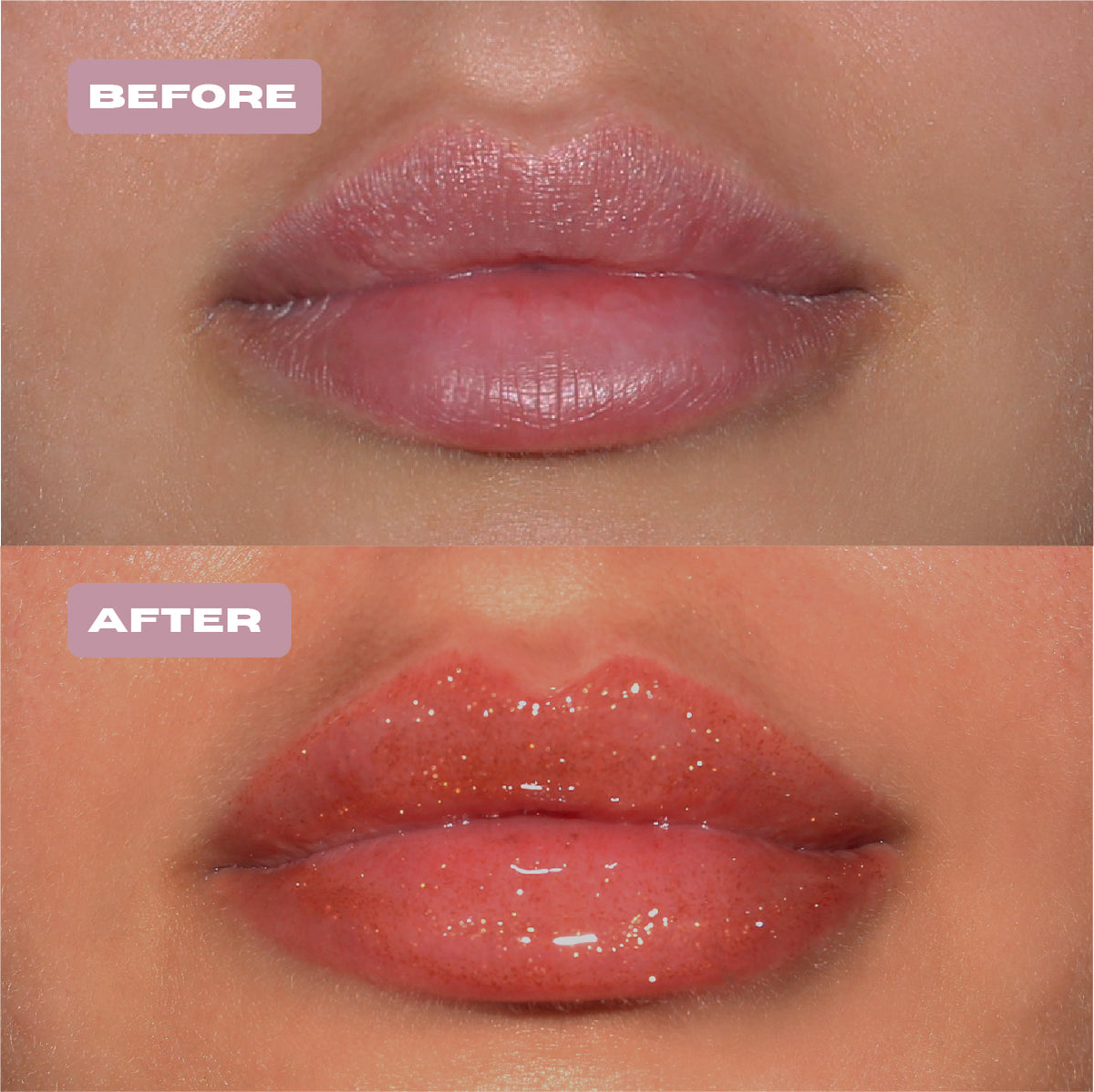 Before and After gold glitter lip oil with gold glitter on lips.#color_muse
