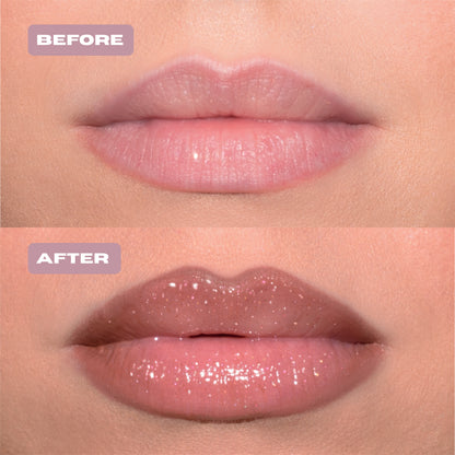 Before and After light pink glitter lip oil with silver glitter on lips.