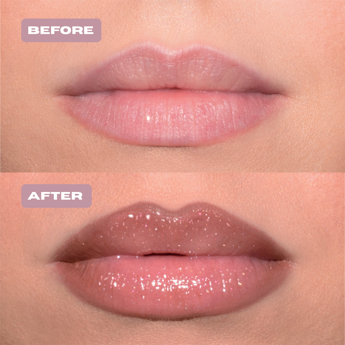 Before and After light pink glitter lip oil with silver glitter on lips.#color_gingerbread