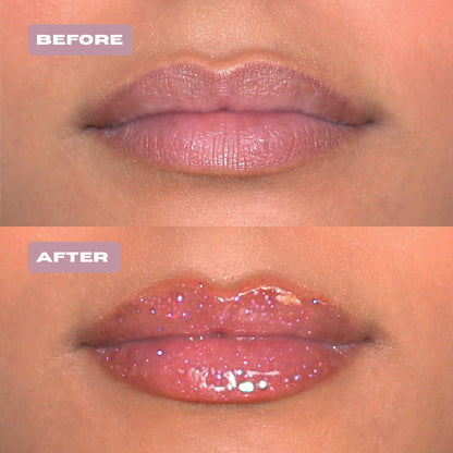 Before and After pink glitter lip oil with purple glitter on lips for a glittermakeup.