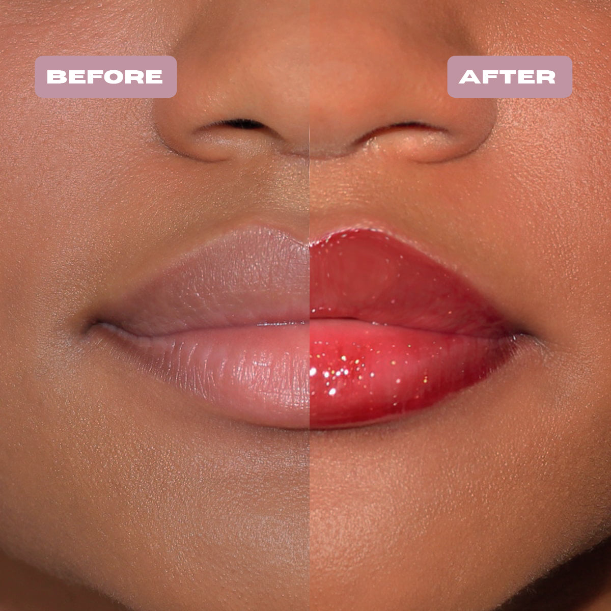 Before and After red glitter lip oil with gold glitter on lips for a glitter makeup.#color_aphrodite