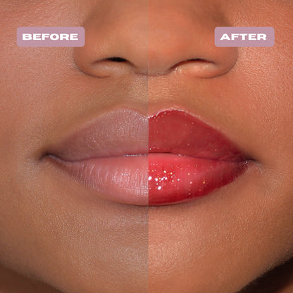 Before and After red glitter lip oil with gold glitter on lips for a glitter makeup.