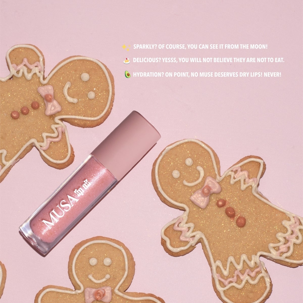 Lip Oil with Gingerbread Scent. Clear color with silver glitter. Perfect for Glitter Makeup.