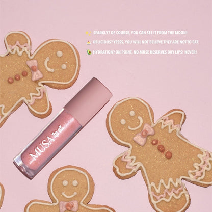 Lip Oil with Gingerbread Scent. Clear color with silver glitter. Perfect for Glitter Makeup.