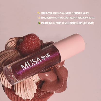 Lip Oil with Red Velvet Scent. Dark Pink color with purple glitter from MUSA Makeup.