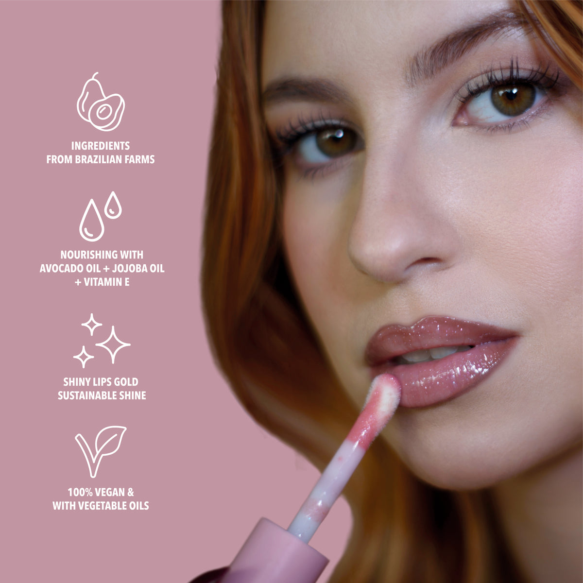 Benefits of the pink glitter lip oil. Made with avocado oil, vitamin E and jojoba oil. Vegan and Cruelty Free. Made with biodegradable glitter.#color_gingerbread