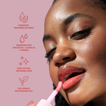 Benefits of the red glitter lip oil with gold glitter. Made with avocado oil, vitamin E and jojoba oil. Vegan and Cruelty Free. Made with biodegradable glitter.